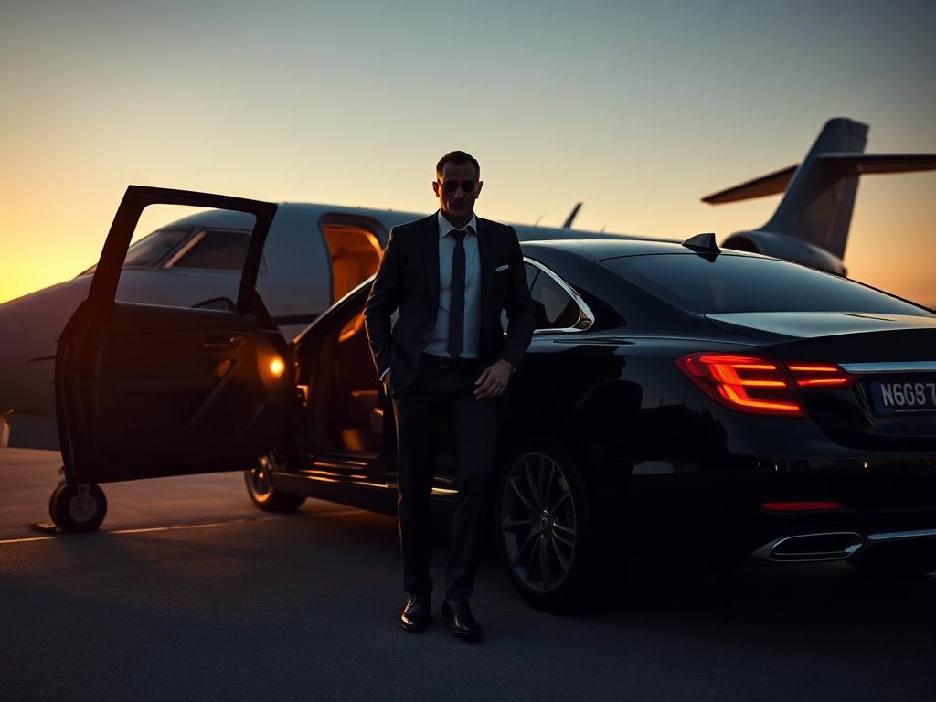 Homme en costume devant un jet privé au crépuscule